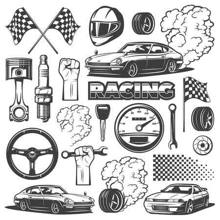 Car racing black monochrome icon set with objects and attributes of automobile, vector illustration. Racing helmet, piston, spark plug, wheel, flag.のイラスト素材