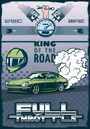 Race car poster with title full throttle and king of the road. elements of motorsport and racing. vector illustrationのイラスト素材