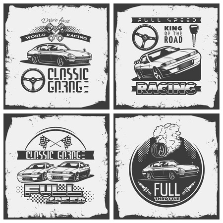 car detailed emblem set with descriptions of classic garage, racing, full speed. print with grunge texture vector illustrationのイラスト素材