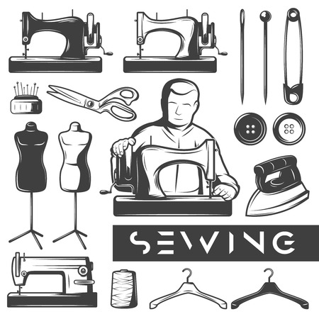 Set of vintage monochrome sewing elements. Tailor at work. Tailor tools isolated icon set. Scissors, sewing machine, iron, mannequin.のイラスト素材