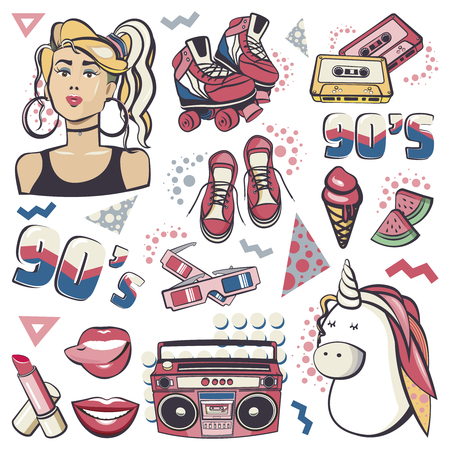 Colorful retro collection fashion patch badges with lips, sneakers, girl, unicorn, ice cream, tape recorder, roller skates. Set of cute stickers, pins, patches, fun icons in 80s 90s memphis styleの写真素材