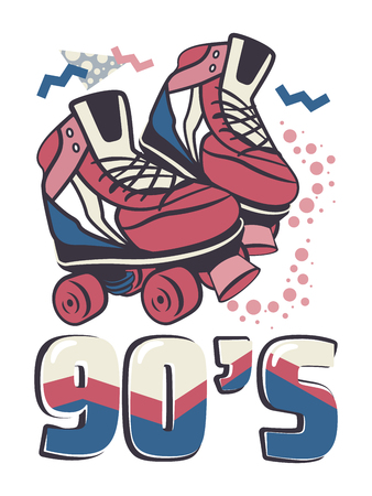 Colorful Illustration with vintage, retro quad roller skates. Vector illustration in trendy 80s 90s Memphis style.の写真素材