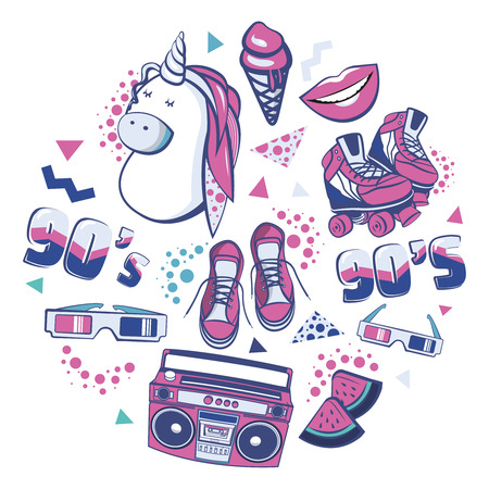 Colorful retro collection fashion patch badges with lips, sneakers, unicorn, ice cream, tape recorder, roller skates. Set of cute stickers, pins, patches, fun icons in 80s 90s memphis styleの写真素材