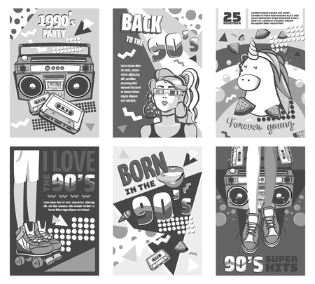 Memphis cards with geometric elements and retro illustrations. Set of vector banners in trendy 80s-90s memphis style. cover design, advertising, poster and greeting card. graphic tee and printed teeの写真素材