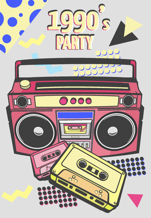 Memphis cards with geometric elements and retro illustrations. Set of vector banners in trendy 80s-90s memphis style. cover design, advertising, poster and greeting card. graphic tee and printed teeの写真素材