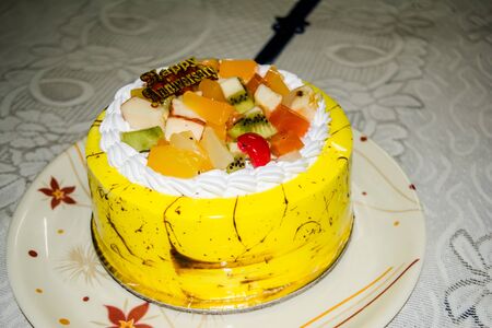 Tasty yellow Fruit Cake with vanilla flavorの写真素材