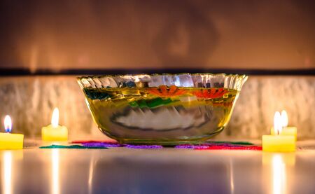 Happy Diwali - Colorful clay diya lamps lit during diwali celebrationの写真素材