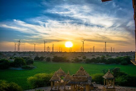 Windmills in Jaisalmer desert area, view from Bara bagh Jaisalmer, Rajasthan Indiaの写真素材