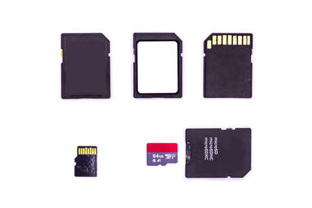 Memory cards - various sizes SD cards isolated on white background. SD and micro SD Cards.の写真素材
