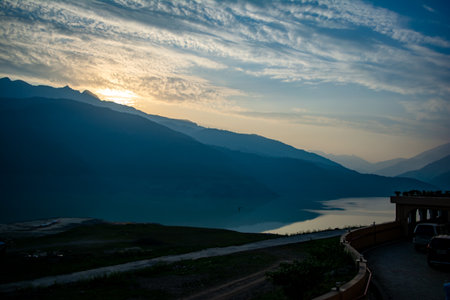 Sunrise view of Tehri mountains. Scenery sunrise over Tehri Lake, Uttarakhand. Tehri Dam, the tallest dam in India and Tehri dam is Asia's largest man-made lake.の写真素材