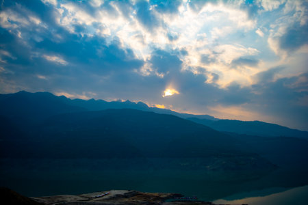 Sunrise view of Tehri mountains. Scenery sunrise over Tehri Lake, Uttarakhand. Tehri Dam, the tallest dam in India and Tehri dam is Asia's largest man-made lake.の写真素材