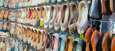 Handmade Punjabi Jutti in the market, Punjab, Handmade Indian Jutti in indian market.の写真素材