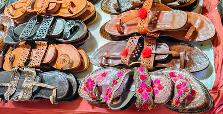 Handmade Punjabi Jutti in the market, Punjab, Handmade Indian Jutti in indian market.の写真素材