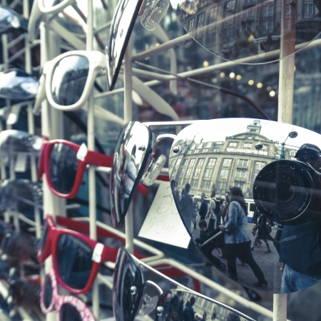 Amsterdam, Holland, 9 May 2013, Shops selling sunglasses at streets in Damrakのeditorial素材
