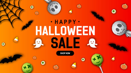 Happy Halloween Sale promo banner. Vector background for sale, discount, holiday, voucher, party, flyer, social media, website, 3d, realistic.