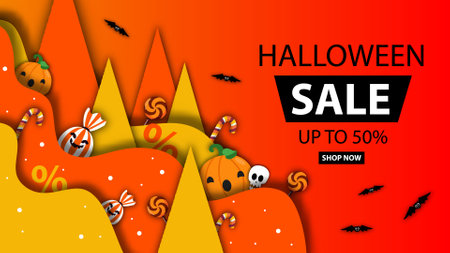 Happy Halloween Sale promo banner. Vector background for sale, discount, holiday, voucher, party, flyer, social media, website, realistic.のイラスト素材