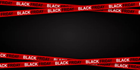 Red ribbon for black Friday sale on black background. Crossed ribbons. Big sale. Graphic elements. Vector illustration.のイラスト素材