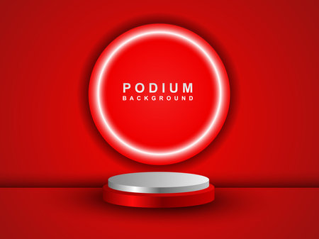 An empty red podium floats in the air with a neon ring in the background.のイラスト素材