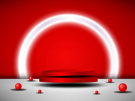An empty red podium floats in the air with a neon ring in the background.のイラスト素材