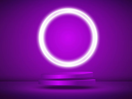 Abstract shiny blue cylindrical pedestal podium. Science fiction blue abstract space concept with circle glowing neon lighting.のイラスト素材