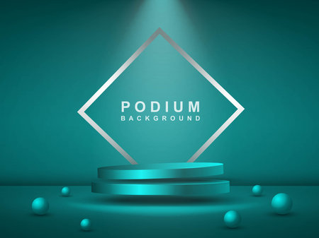 Realistic 3d cylindrical pedestal podium in abstract space with burning horizontal neon lights. Vector rendering product display presentation.のイラスト素材