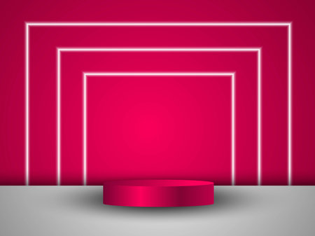 Abstract shiny pink cylindrical pedestal podium. Abstract space concept with glowing neon line lighting.のイラスト素材