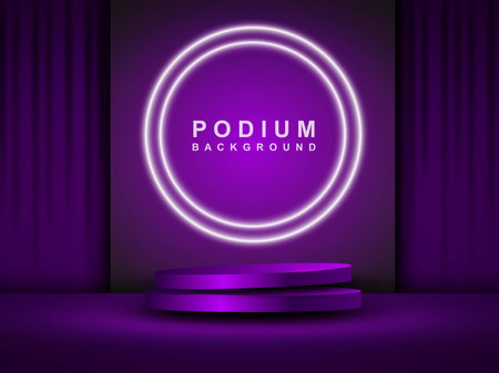 An empty blue podium floats in the air with a neon ring in the background.のイラスト素材