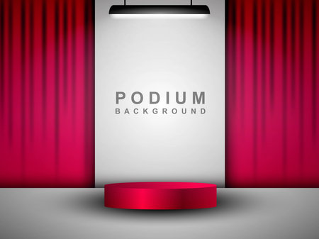 Realistic 3d cylindrical pedestal podium in abstract space with burning horizontal neon lights.のイラスト素材