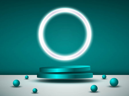 Abstract shiny turquoise green cylindrical pedestal podium. Abstract space concept with circle glowing neon lighting.のイラスト素材