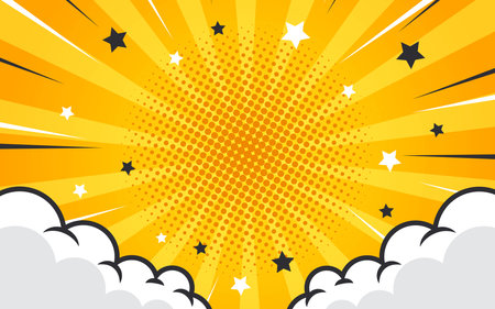 Pop art comic background with halftone colors and cute cloudsのイラスト素材