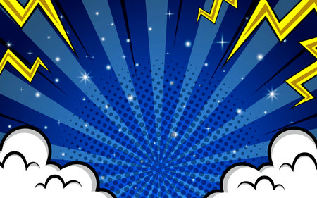 Pop art comic background with clouds and stars. Cartoon Vector Illustrationのイラスト素材
