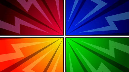 Comic book page template colorful frame divided lines with halftone radial effect in pop art style. Vector illustrationのイラスト素材