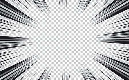 Comic manga transparent background with radial lines frame speed action effect vector. Explosion anime comic book cartoon pattern.のイラスト素材