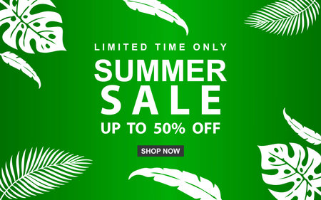 Summer sale banner template. Vector trendy summer Sale design. Summer Vacation design with paper cut tropical leaves.のイラスト素材