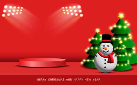 Christmas podium. Red Podium for product display presentation with Christmas tree and snowman. Podium platform for displaying products on a red background.のイラスト素材