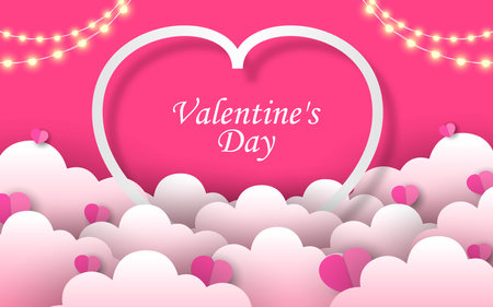 Happy Valentine's day with pink sky and paper cut clouds. vector illustrationのイラスト素材