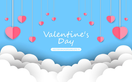 Valentines day greeting background in paper cut realistic style. Paper clouds, flying realistic hearts on a string. vector illustrationのイラスト素材