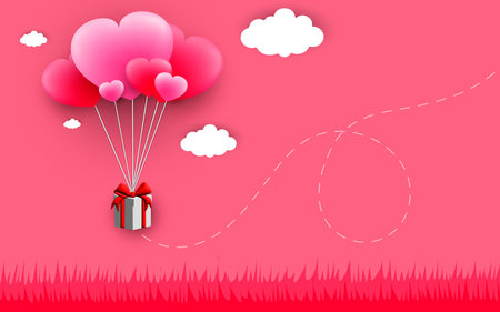 valentine background, heart shape balloons hanging gift boxes floating in the sky. paper art and digital craft style.のイラスト素材