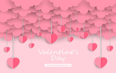Valentines day greeting background in paper cut realistic style. Paper clouds, flying realistic hearts on a string. vector illustrationのイラスト素材