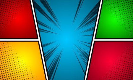 Comic page background with radial humor effect and halftone rays in various colors.
