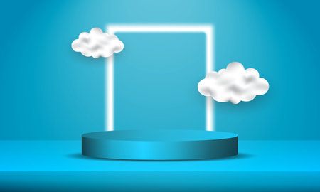 Realistic 3D cylindrical podium in abstract space with horizontal neon lights glowing. Product display presentation with vector rendering.のイラスト素材