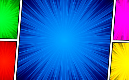 Comic book page background template. Radial rays background with halftone effect in pop art style design. Vector illustrationのイラスト素材