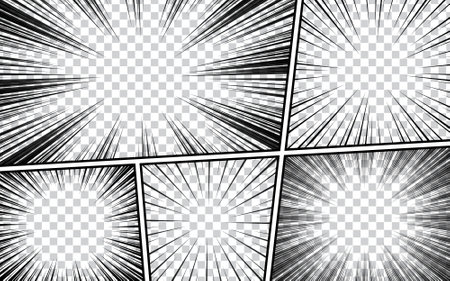 Comic book page concept with radial rays circle halftone lines effect on transparent background. Vector illustrationのイラスト素材