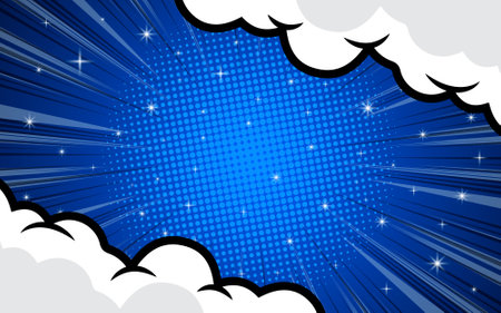 Pop art comic background with clouds and stars. Cartoon Vector Illustrationのイラスト素材