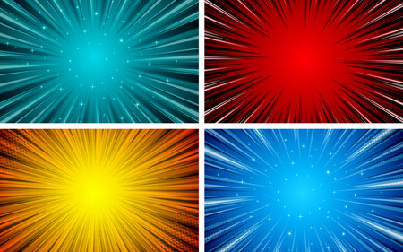 Bright colorful comic concept with radial slashes, halftone rays. Vector illustration.のイラスト素材