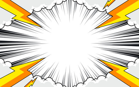 Comic page with black lines isolated on a white background. Template with a lightning explosion beam effect texture. Vector illustration.のイラスト素材