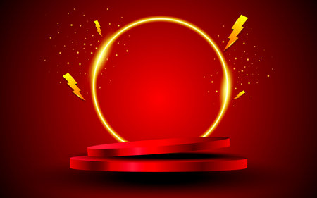 Neon prize podium, huge store discount, special promotion frame. Vector illustration.のイラスト素材