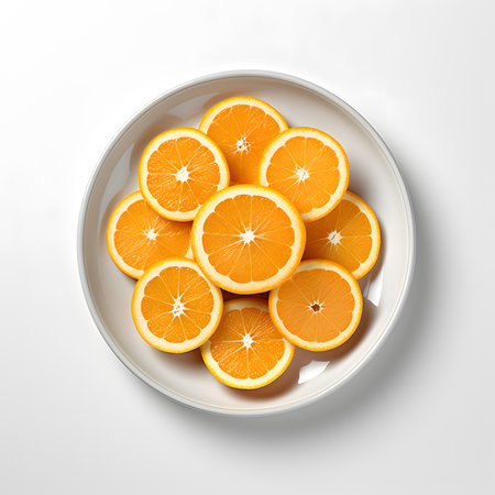 grove of orange slices in white bowl on white surface on tableの素材