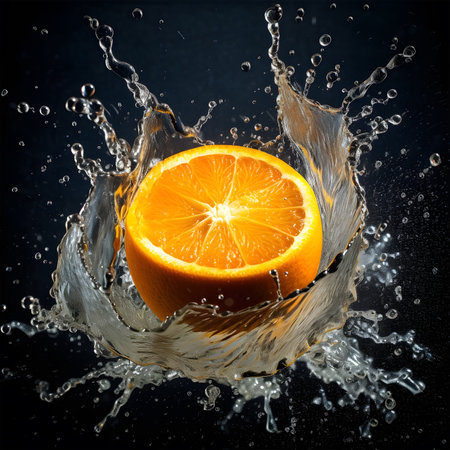 photograph of an orange that is under water is being splashedの素材