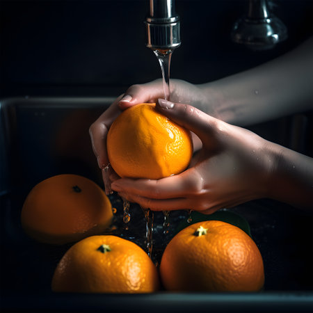 woman washing oranges with a faucet in front of themの素材